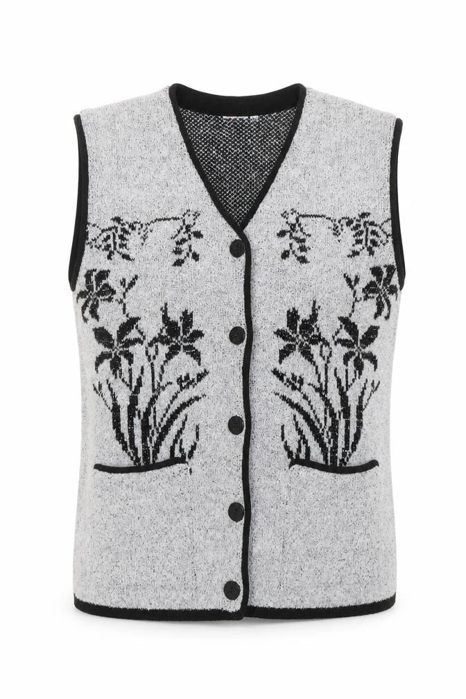 Mode Collection Women Grey Black Floral Knit Button Vest M