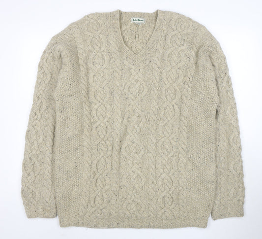 L.L. Bean Men Beige Wool Cable Knit V-Neck Jumper L Tall