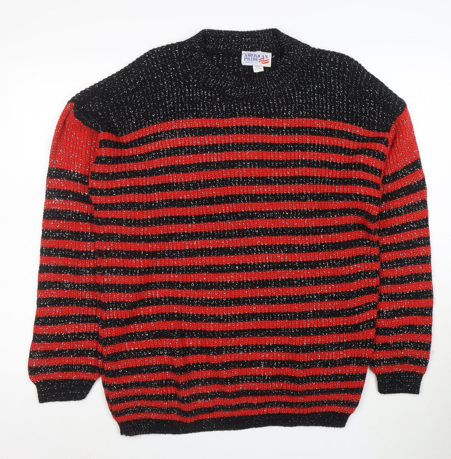 American Pride Women's Red Black Striped Chunky Knit Jumper M