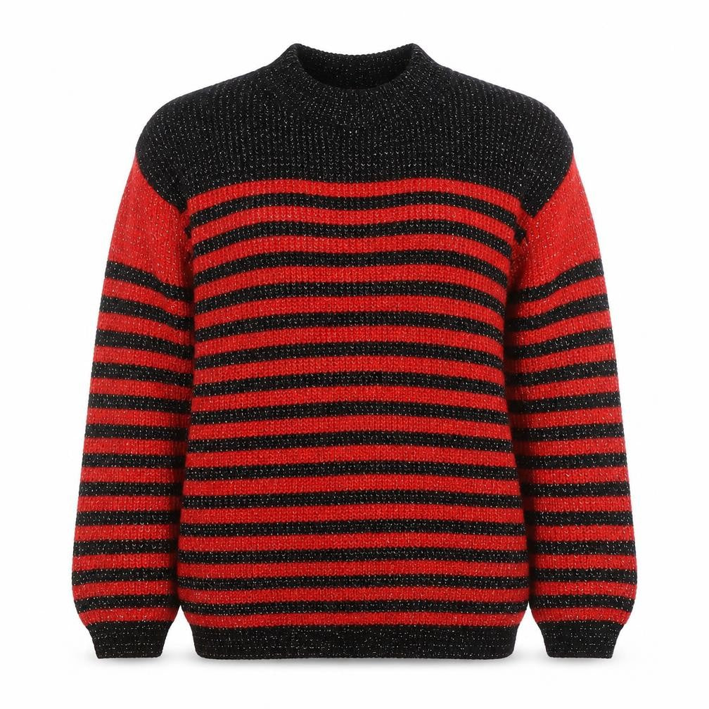 American Pride Women's Red Black Striped Chunky Knit Jumper M