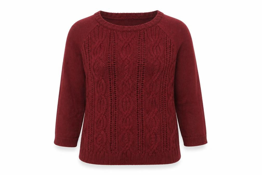 Tommy Hilfiger Women Burgundy M Cable-Knit Crew Neck Jumper