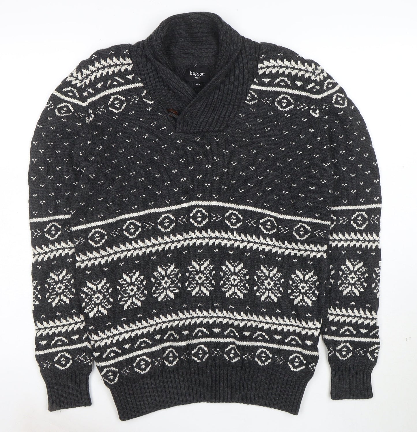 Haggar Men's Grey Fair Isle Shawl Neck Cotton Jumper Size M