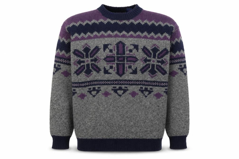Wm Fleishman Mens Grey Fair Isle Wool Chunky Knit XL Jumper