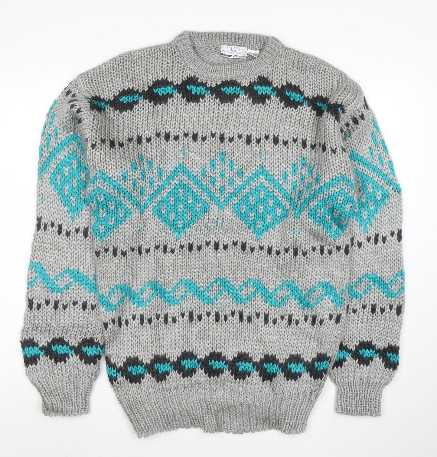 Club International Men's Grey Chunky Knit Geometric Pullover Jumper S