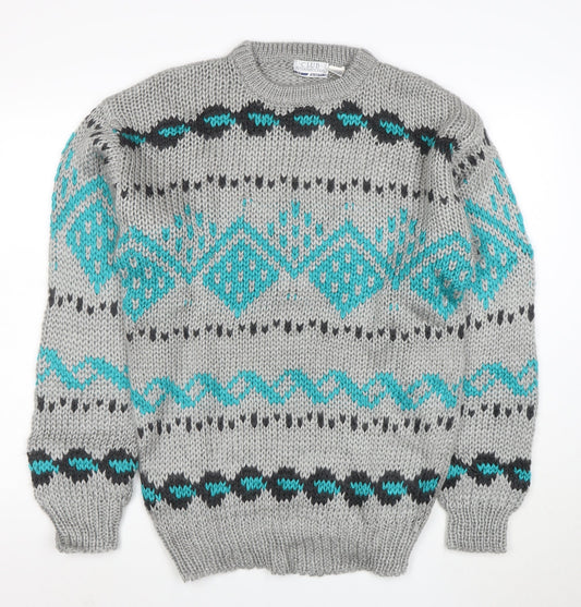 Club International Men's Grey Chunky Knit Geometric Pullover Jumper S