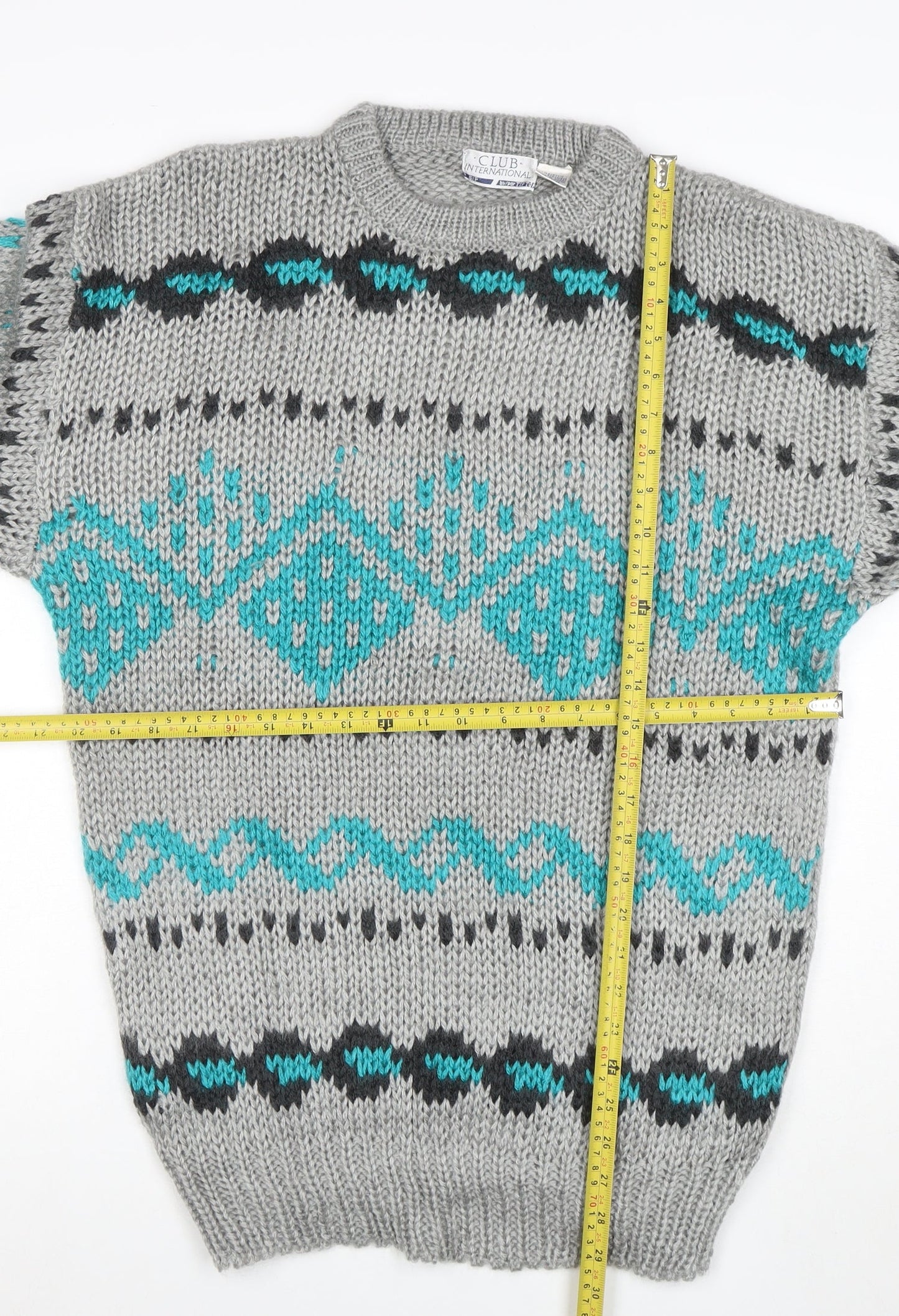 Club International Men's Grey Chunky Knit Geometric Pullover Jumper S