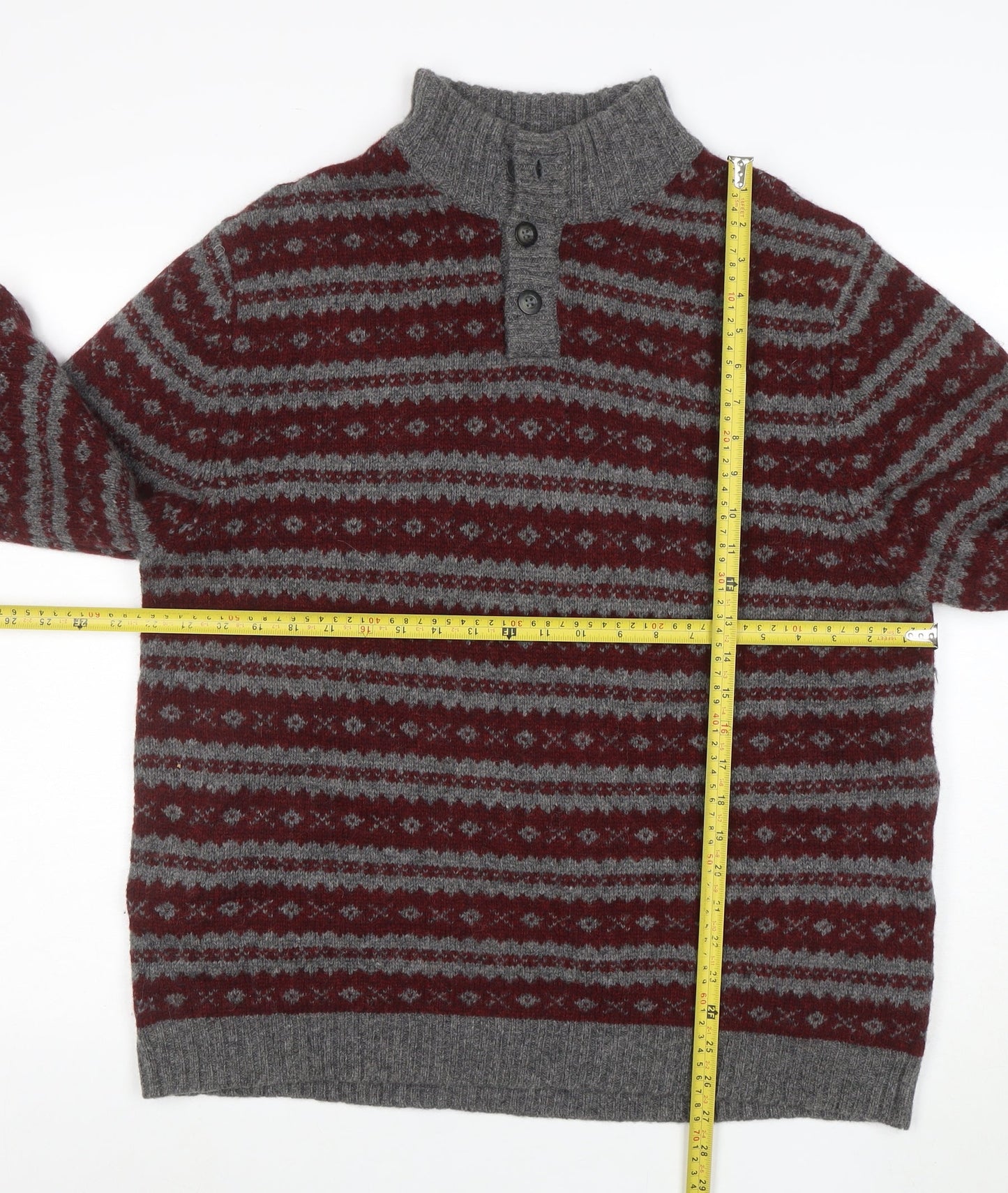 Eddie Bauer Mens Grey Wool Fair Isle Henley Jumper Size L