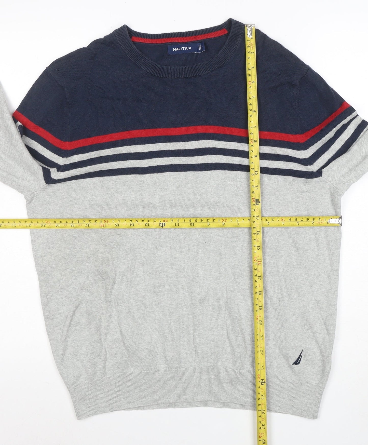 Nautica Men’s Grey Navy Striped Cotton Crew Neck Jumper M