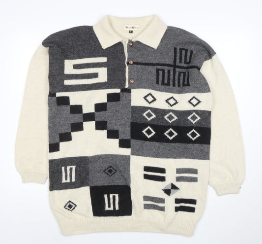 Panda Line Men's Beige Wool Henley Jumper L Geometric Knit