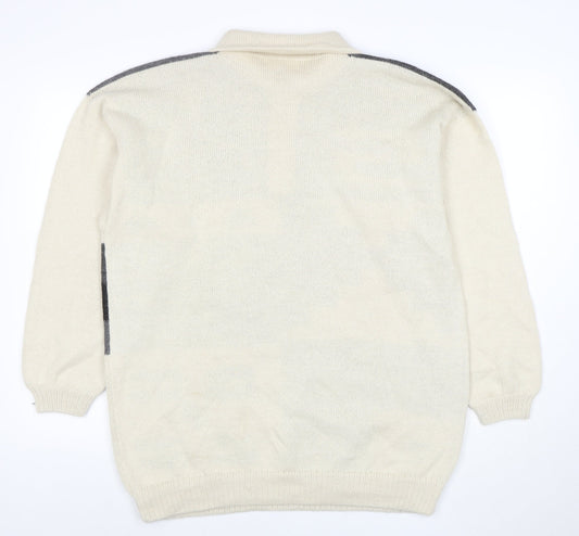 Panda Line Men's Beige Wool Henley Jumper L Geometric Knit