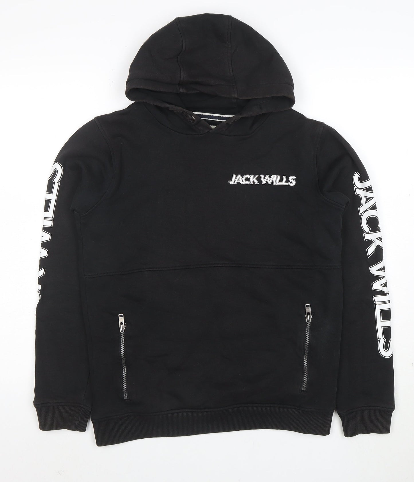 Jack Wills Boys Black Pullover Hoodie 12-13 Years with Zip Pockets