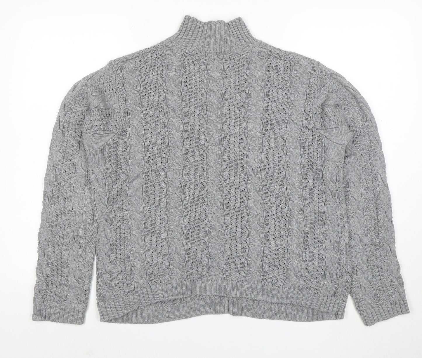 Jeanne Pierre Women's Grey Cable-Knit Mock Neck Cotton Jumper L