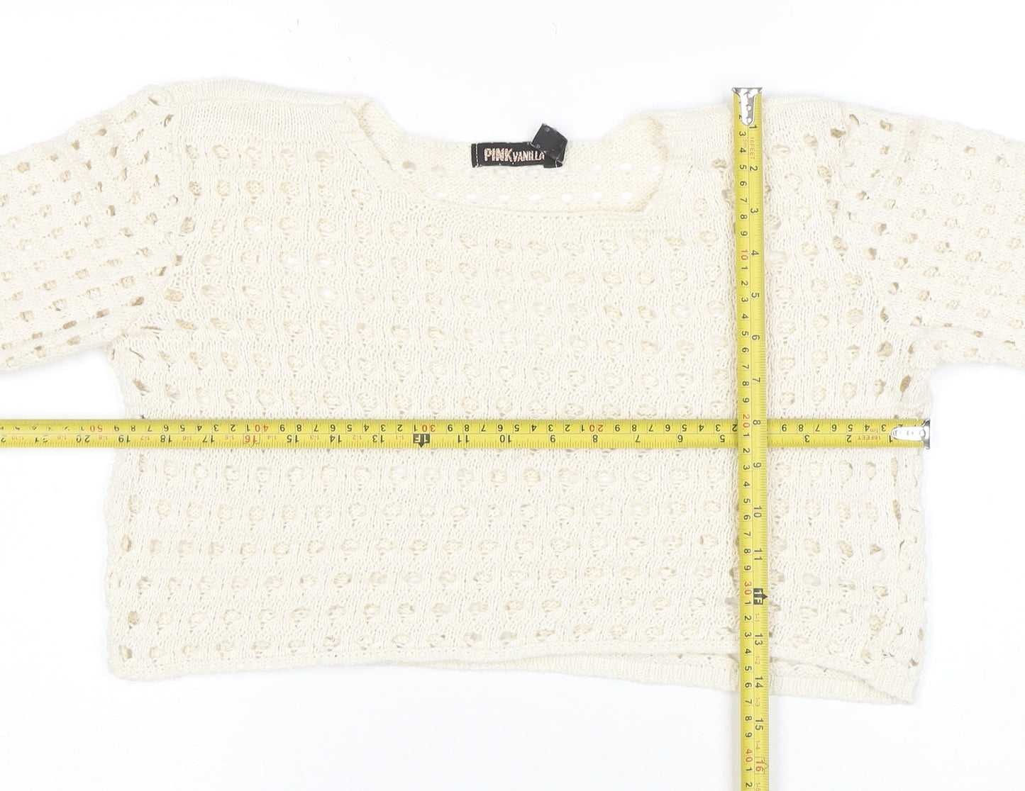 Pink Vanilla Women Ivory Crochet Knit Cropped Long Sleeve Blouse Size S