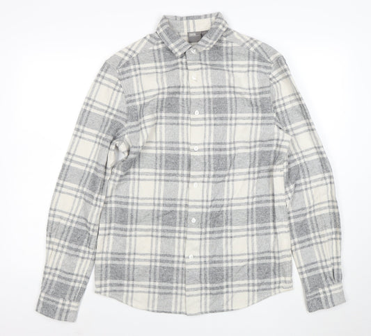 ASOS Men's Grey Checked Flannel Button-Up Shirt Size S