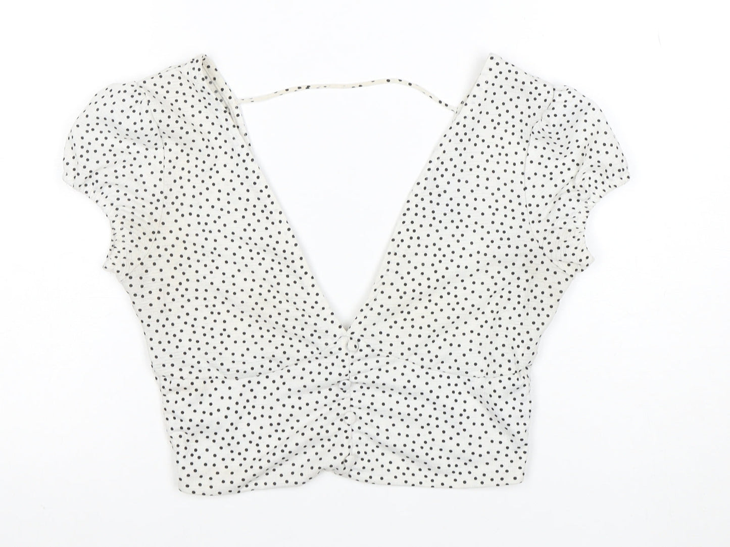 Bershka Women’s White Polka Dot Cropped V-Neck Blouse Size S