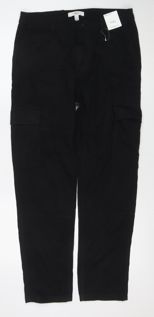Marks and Spencer Men's Black Cargo Tapered Fit Trousers 32W 31L