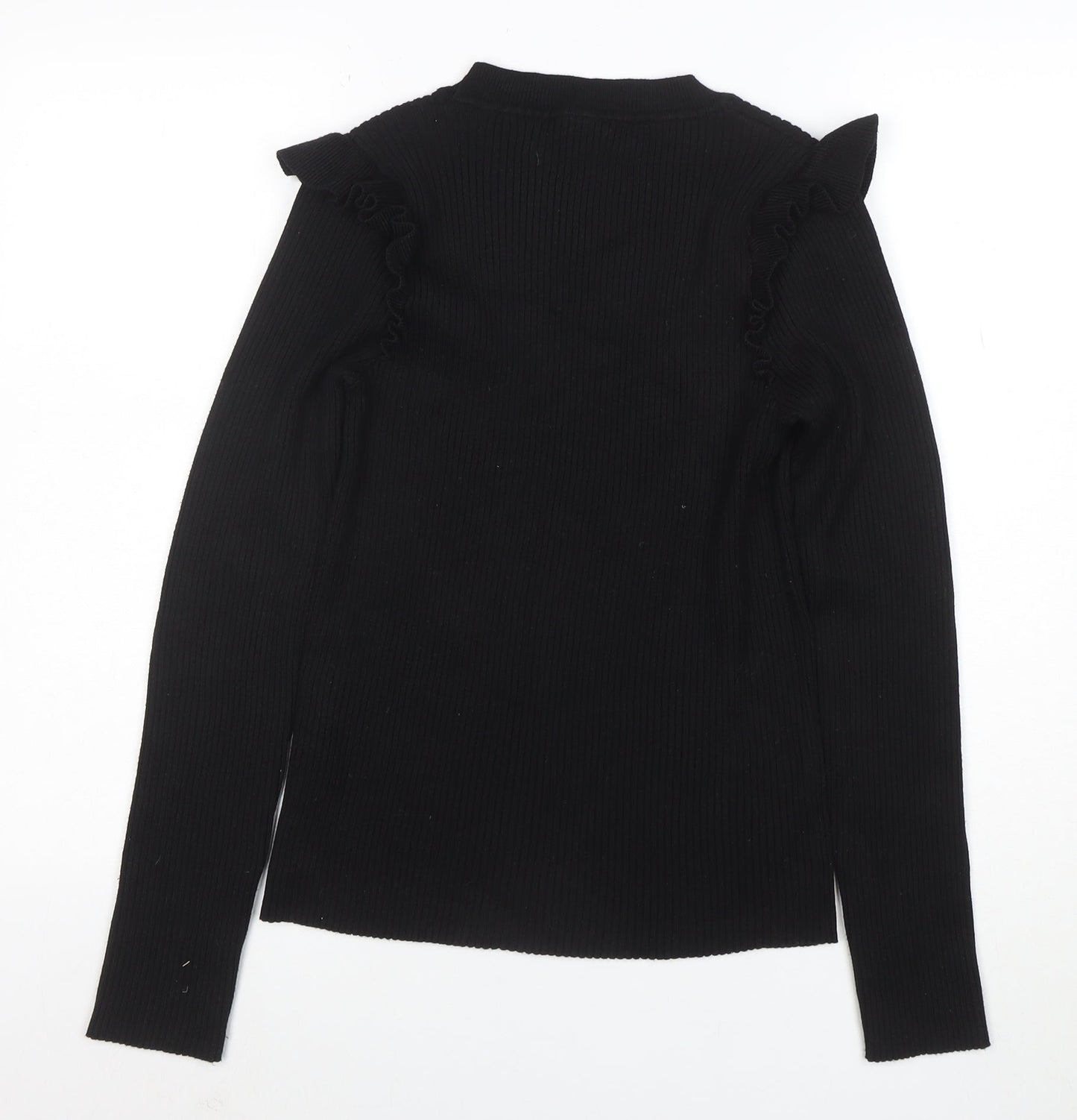New Look Women's Black Crew Neck Ruffle Sleeve Knit Jumper Size 16