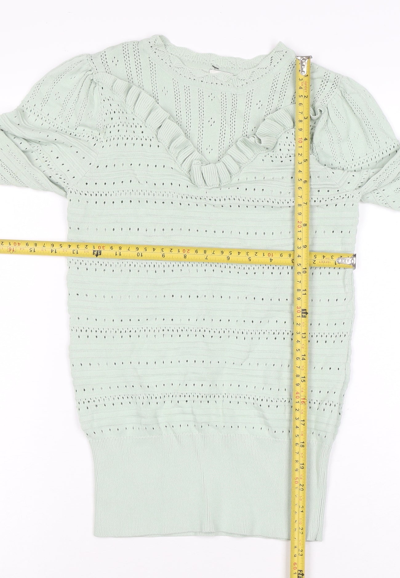 River Island Womens Green Ruffle Knit V-Neck Long Sleeve Blouse Size 10