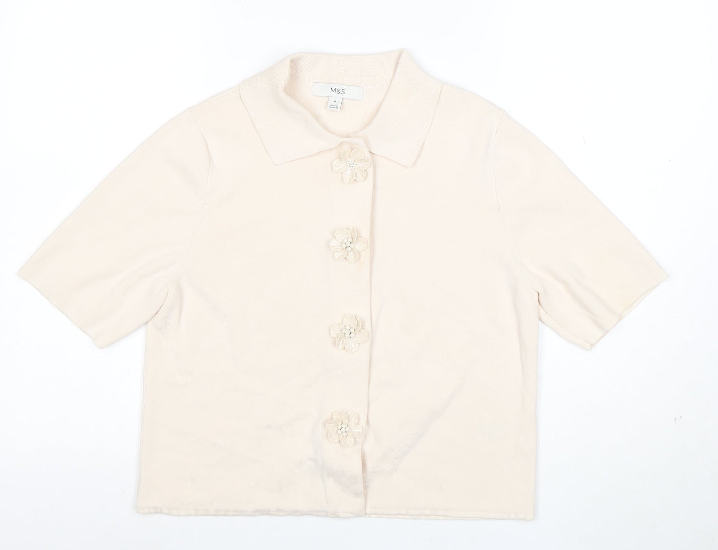 Marks and Spencer Women Beige Collared Knit Short Sleeve Cardigan M
