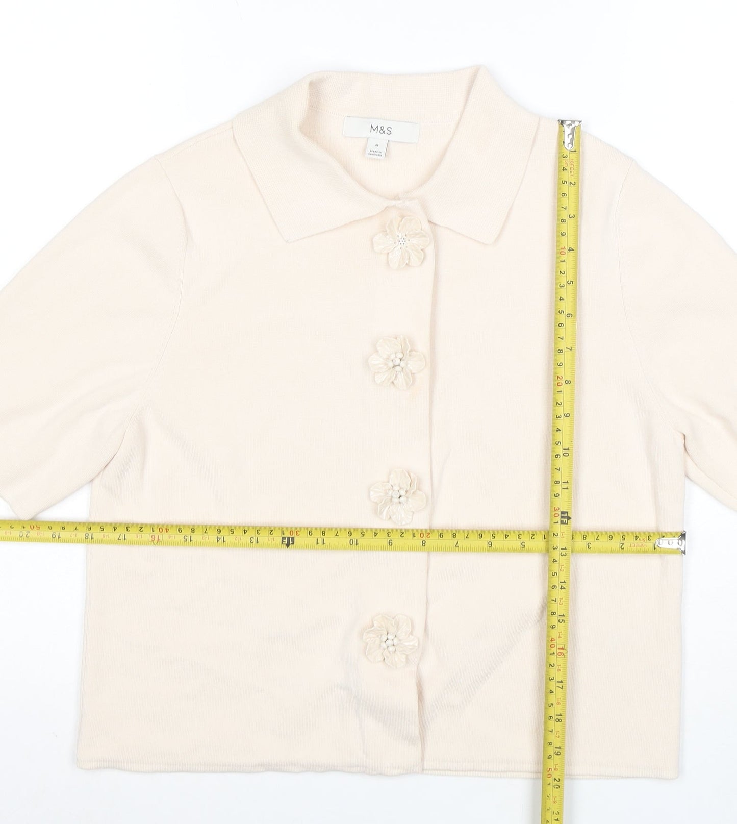 Marks and Spencer Women Beige Collared Knit Short Sleeve Cardigan M