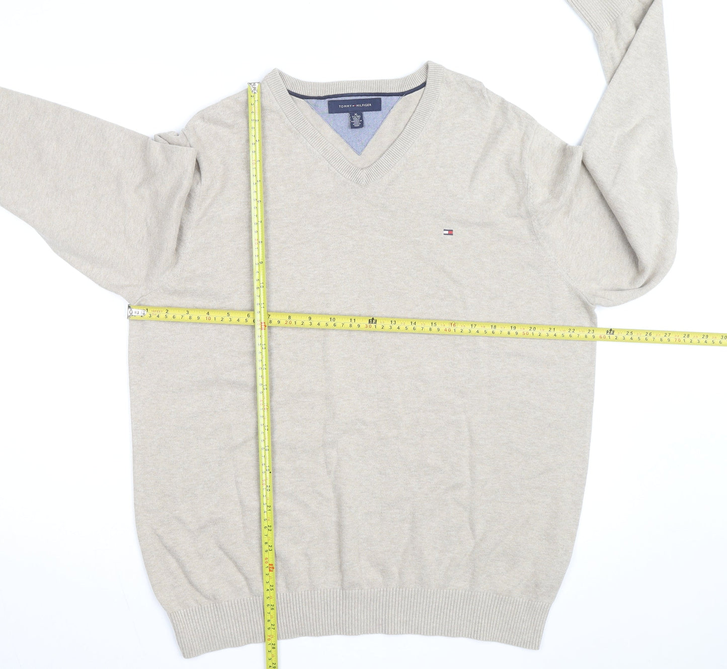 Tommy Hilfiger Men Beige XL V-Neck Cotton Silk Cashmere Jumper