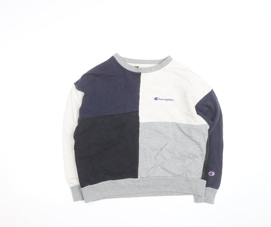 Champion Women's Grey Navy Colourblock Crew Neck Sweatshirt L