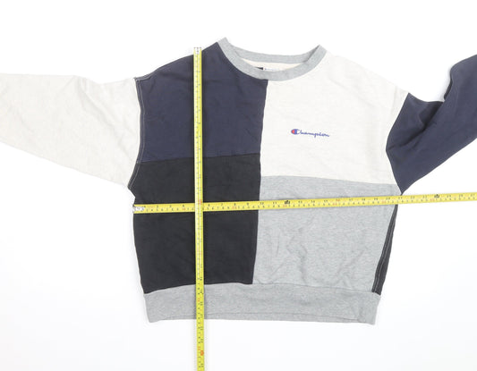 Champion Women's Grey Navy Colourblock Crew Neck Sweatshirt L