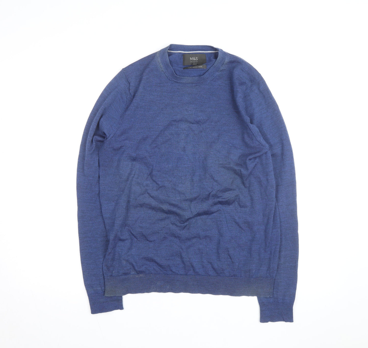 Marks and Spencer Men's Blue Wool Crew Neck Jumper Size M