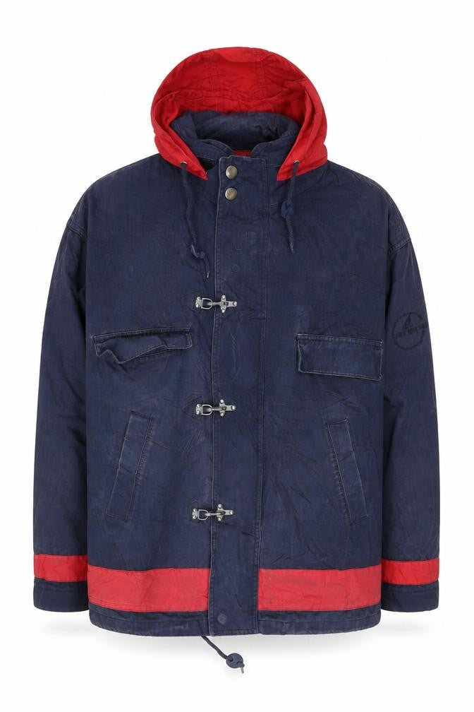 John D Farrow’s Men’s Blue Red Hooded Parka Jacket Medium Cotton Casual