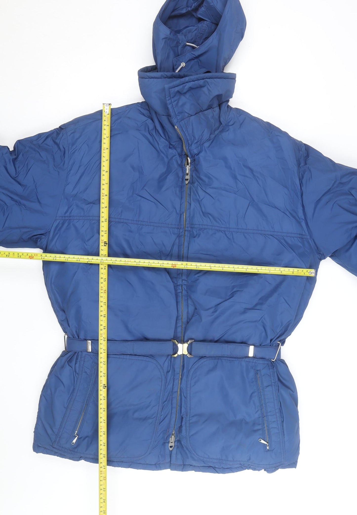TempcO Men's Blue L Hooded Down Puffer Jacket Belted Winter Coat