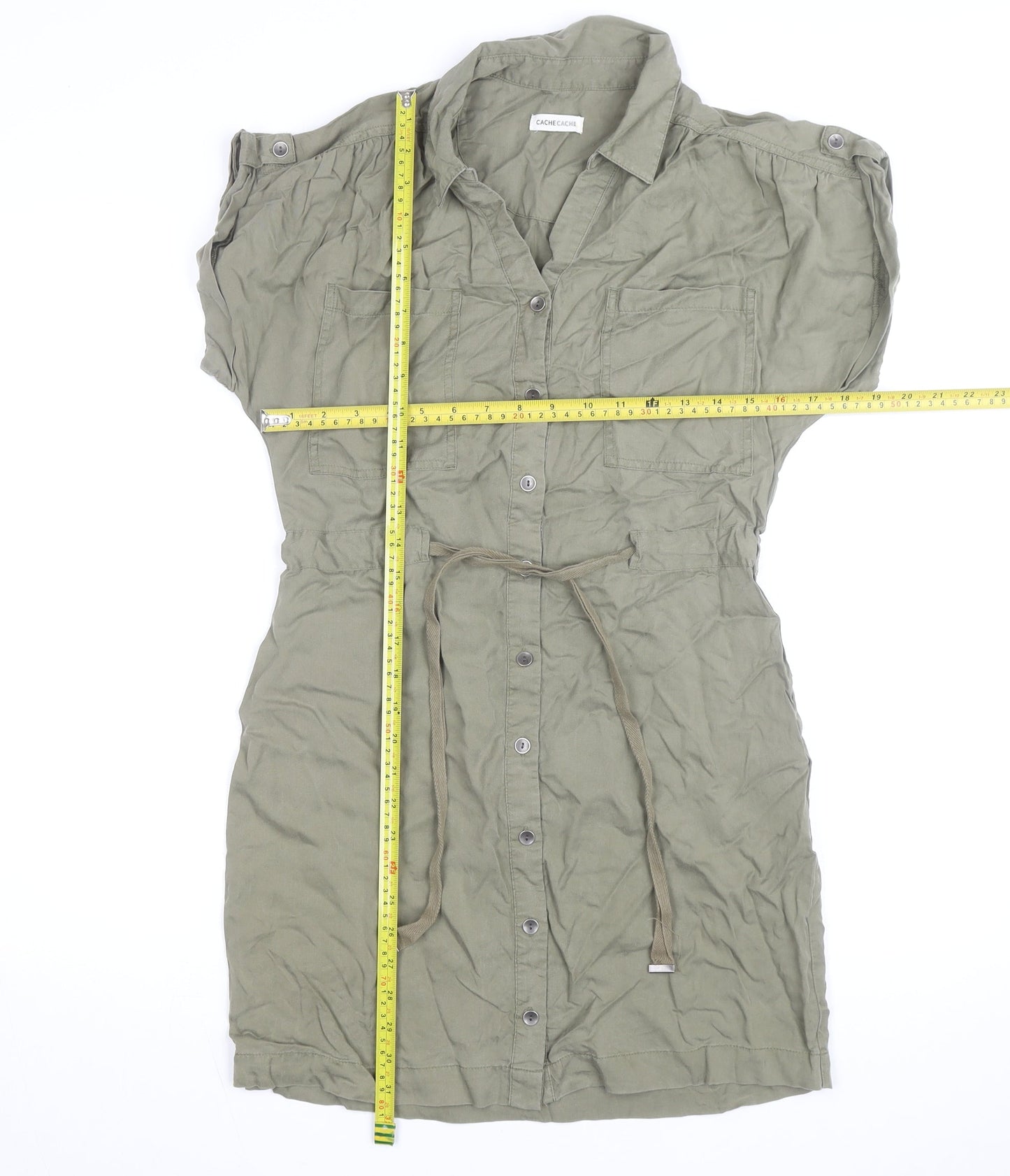 Cache Cache Women Green Short Sleeve Shirt Dress Size 8