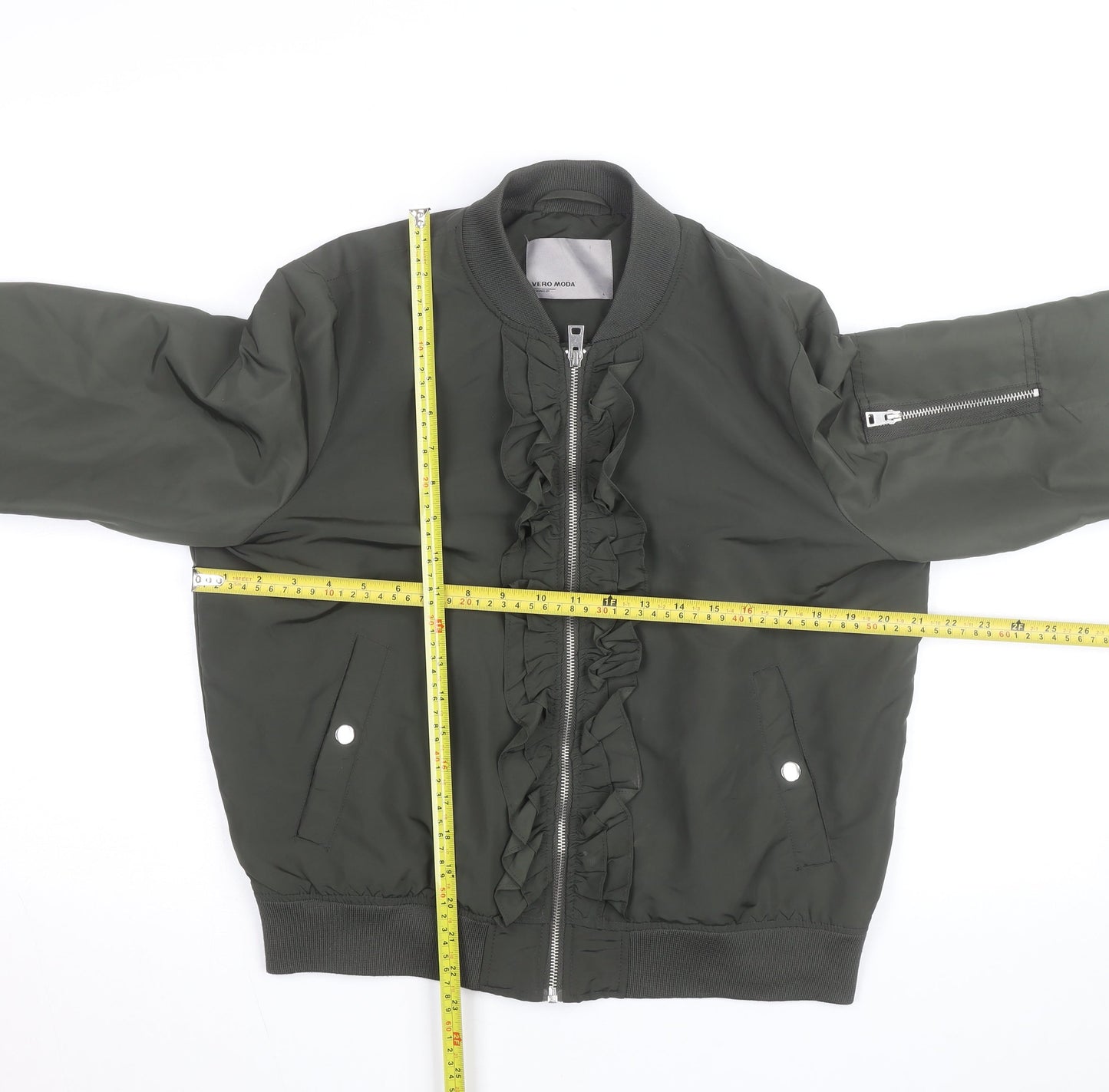 Vero Moda Unisex Green Bomber Jacket Lined Ruffle Zip Size L