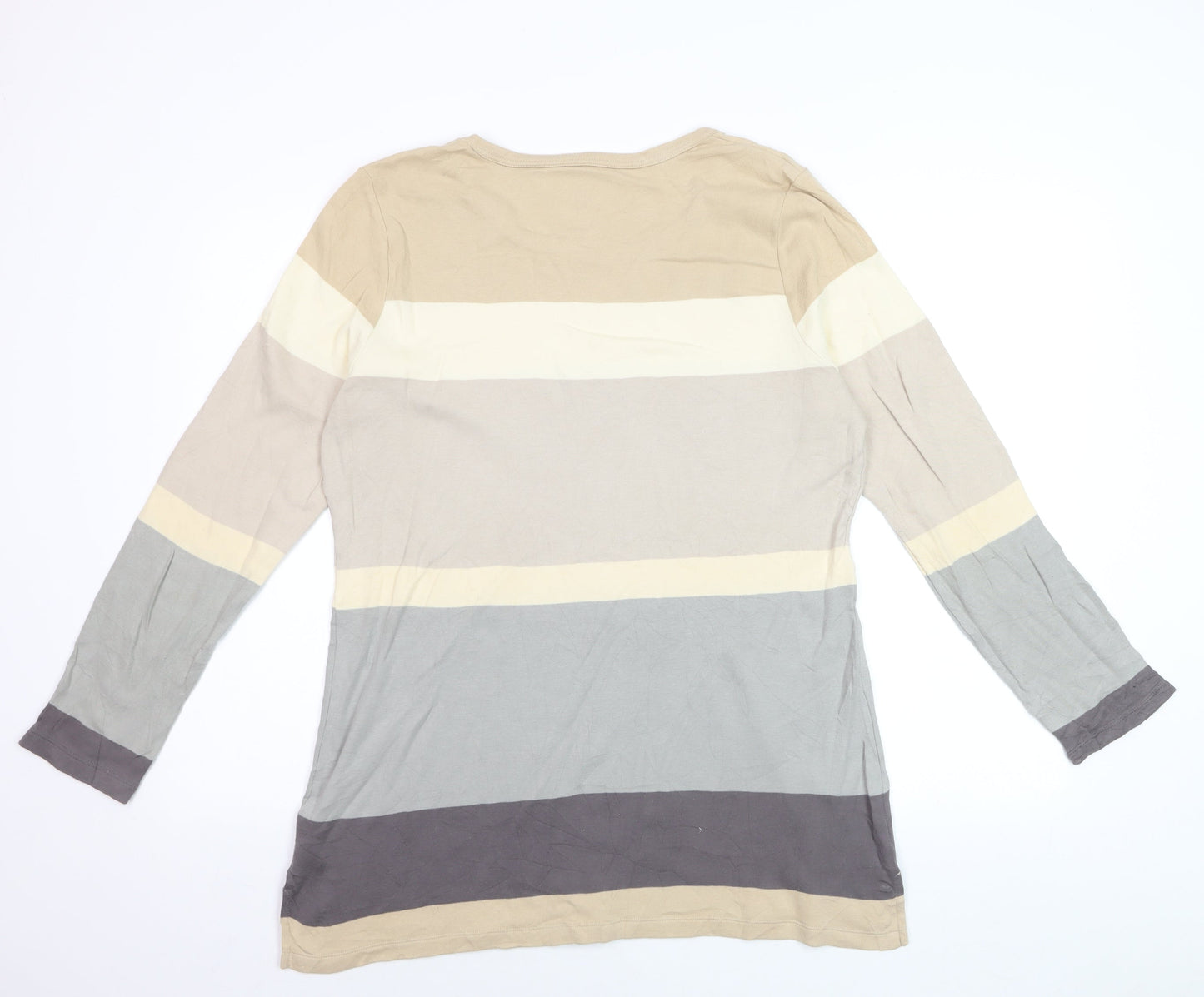 Isaac Mizrahi Live Women Beige Striped Cotton Long Sleeve T-Shirt L