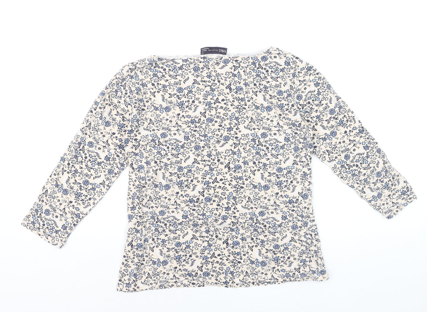 Marks and Spencer Womens Beige Floral 3/4 Sleeve T-Shirt Size 12