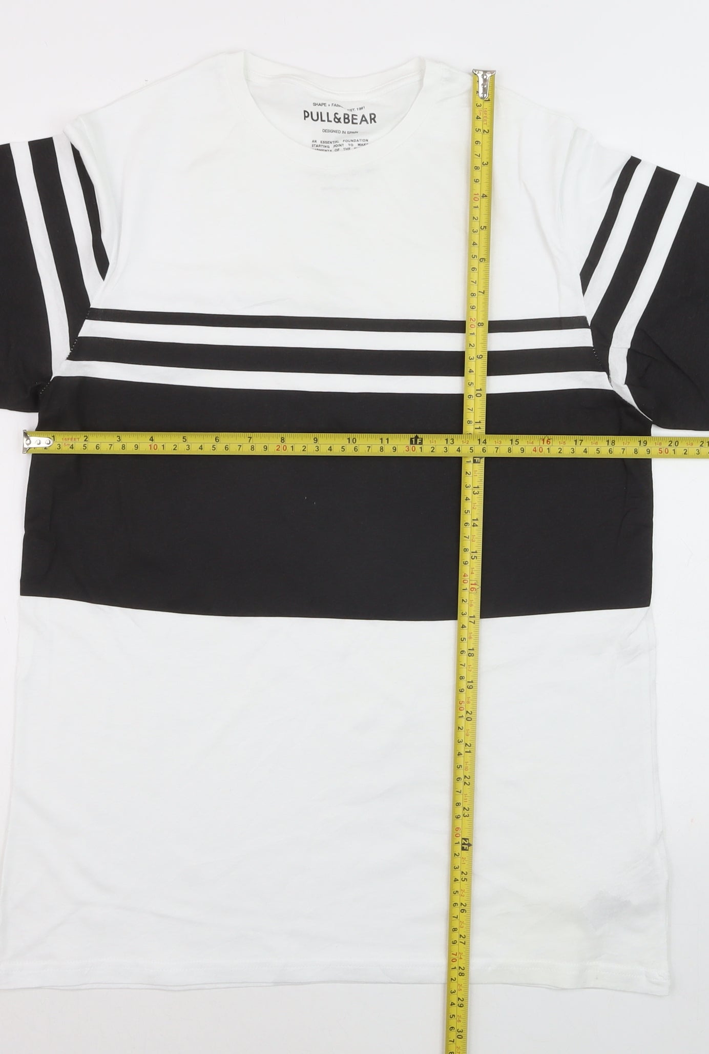 Pull&Bear Men's Black White Striped T-Shirt XS Cotton Crew Neck