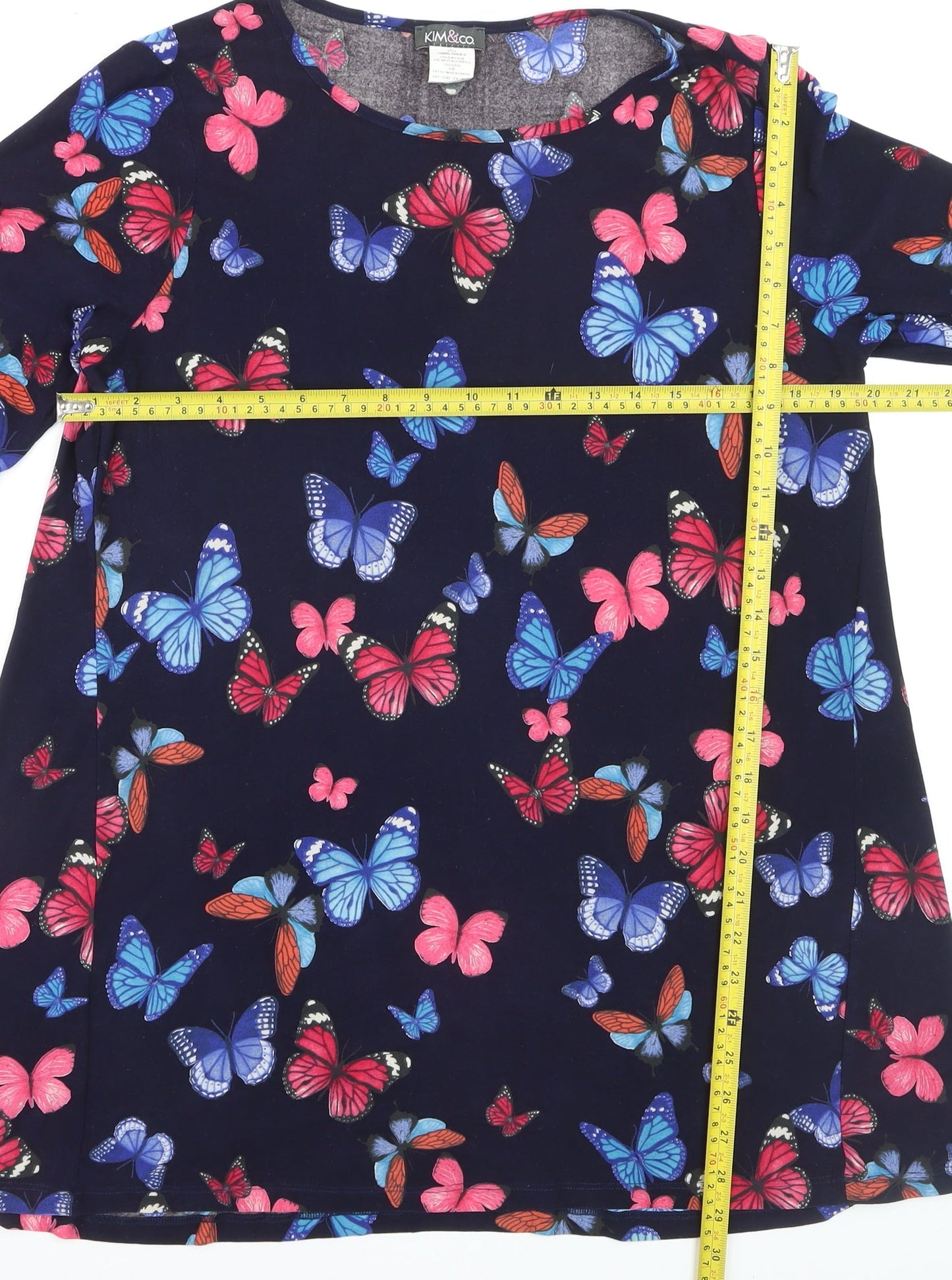 Kim & Co Womens Blue Butterfly Print 3/4 Sleeve Tunic Blouse Size L