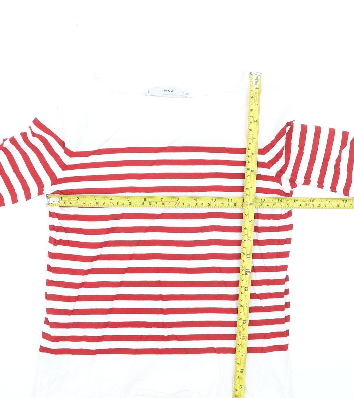 Mango Womens Red Striped Boat Neck 3/4 Sleeve Cotton T-Shirt XS