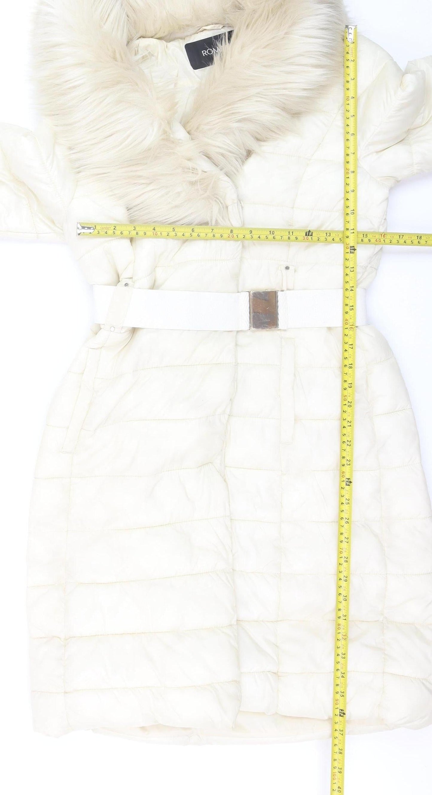Roman Women Ivory Long Puffer Coat Size 10 Belted Faux Fur Trim Winter