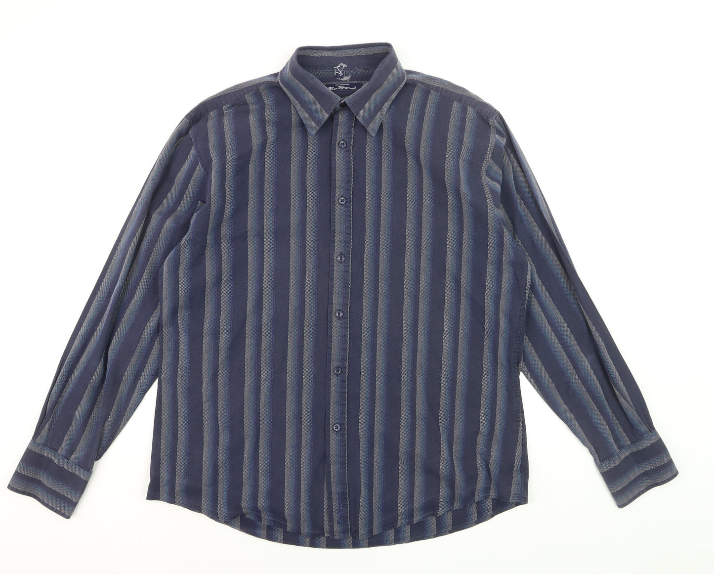 Ben Sherman Men's Blue Striped Long Sleeve Cotton Dress Shirt Size L