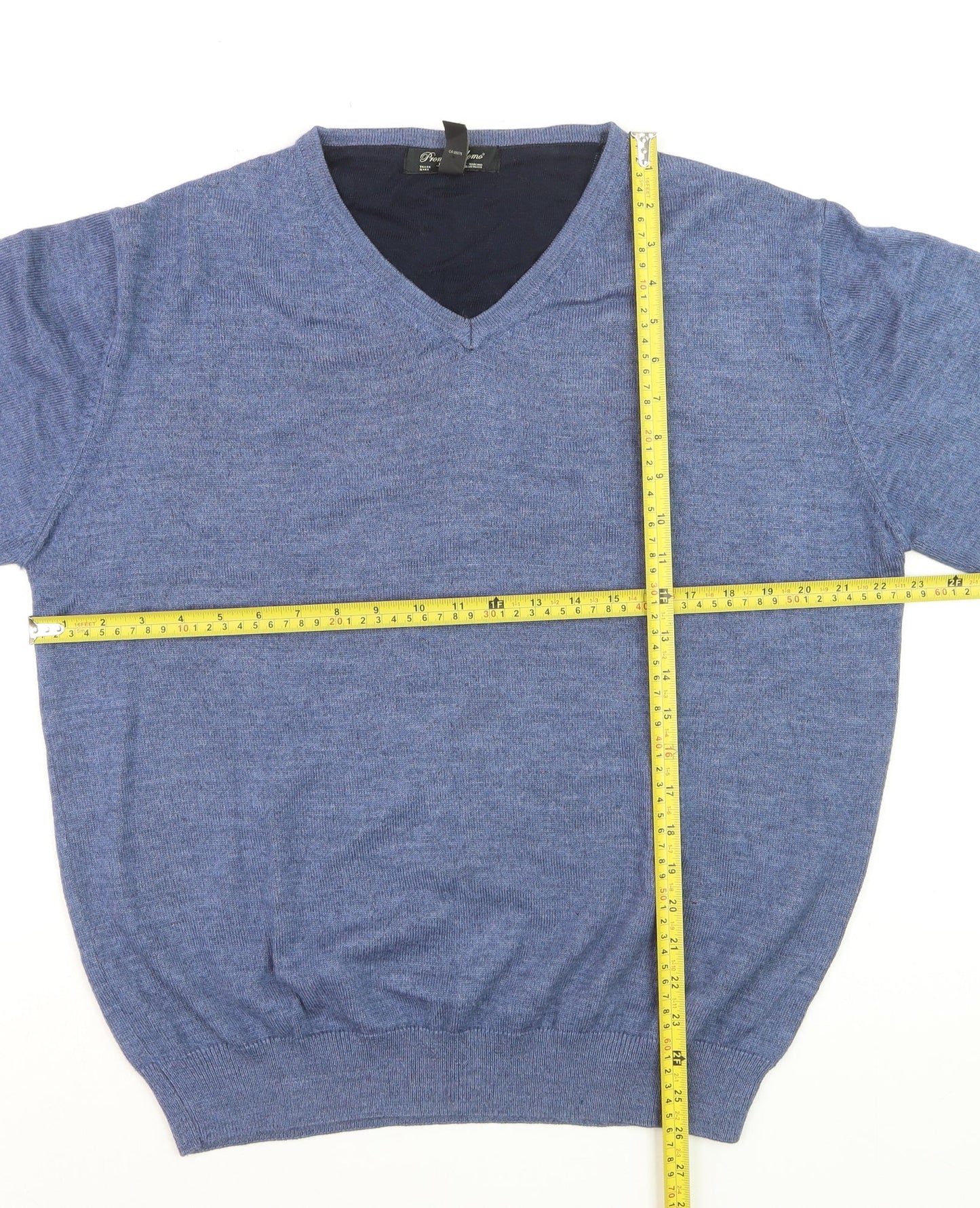 Pronto Uomo Men's Blue V-Neck Wool Blend Jumper Size L
