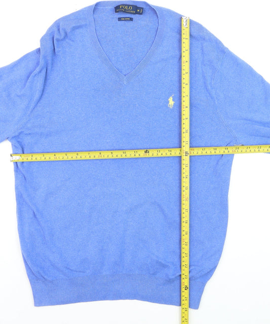 Polo Ralph Lauren Men's Blue Cotton V-Neck Jumper Size M