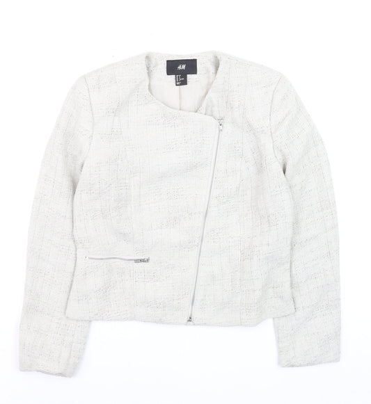 H&M Womens Ivory Bouclé Suit Jacket Size 10 Long Sleeve Asymmetric Zip