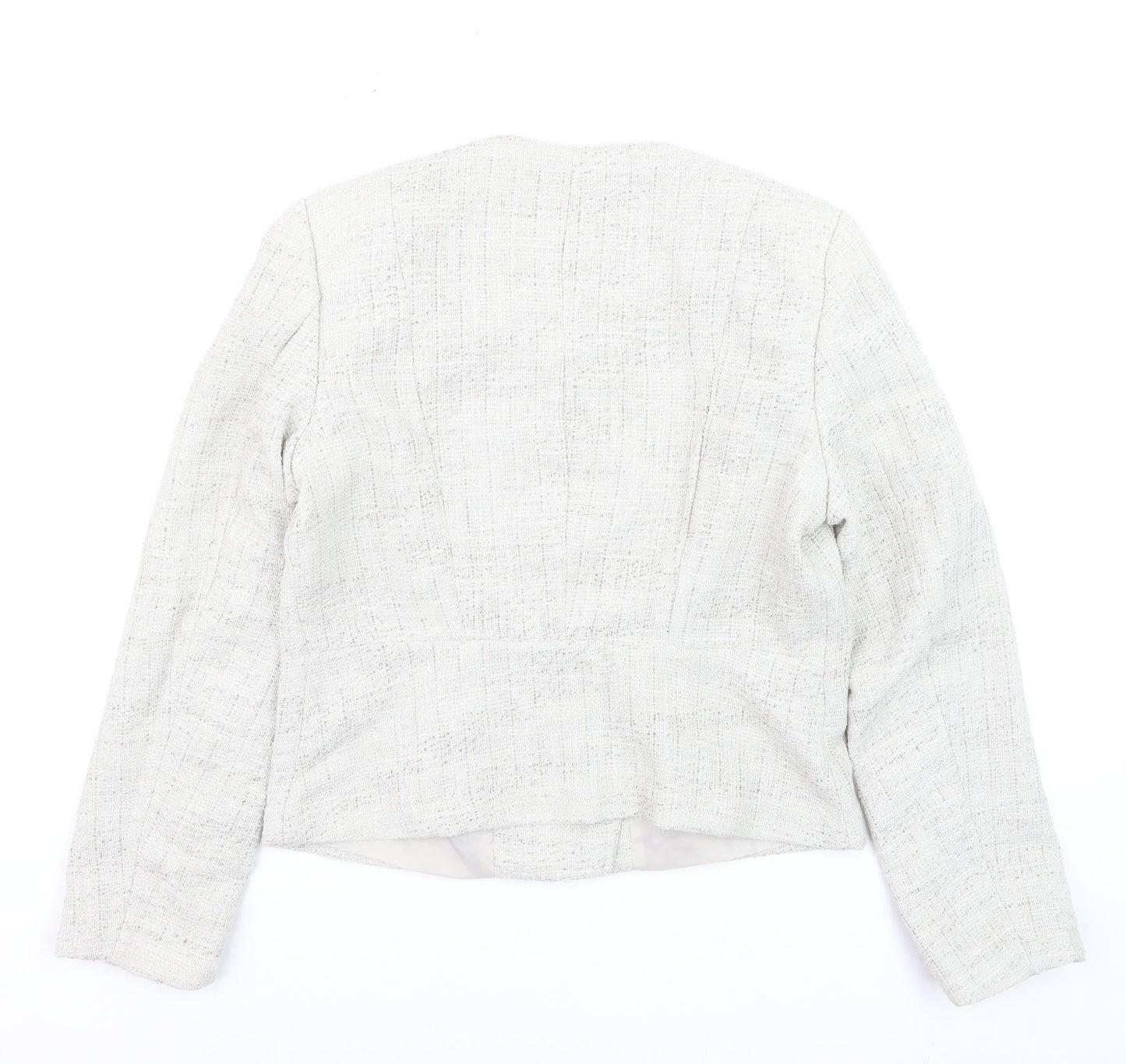 H&M Womens Ivory Bouclé Suit Jacket Size 10 Long Sleeve Asymmetric Zip