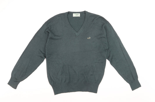 Crocodile Men Green Wool V-Neck Jumper M Tight-Knit Classic