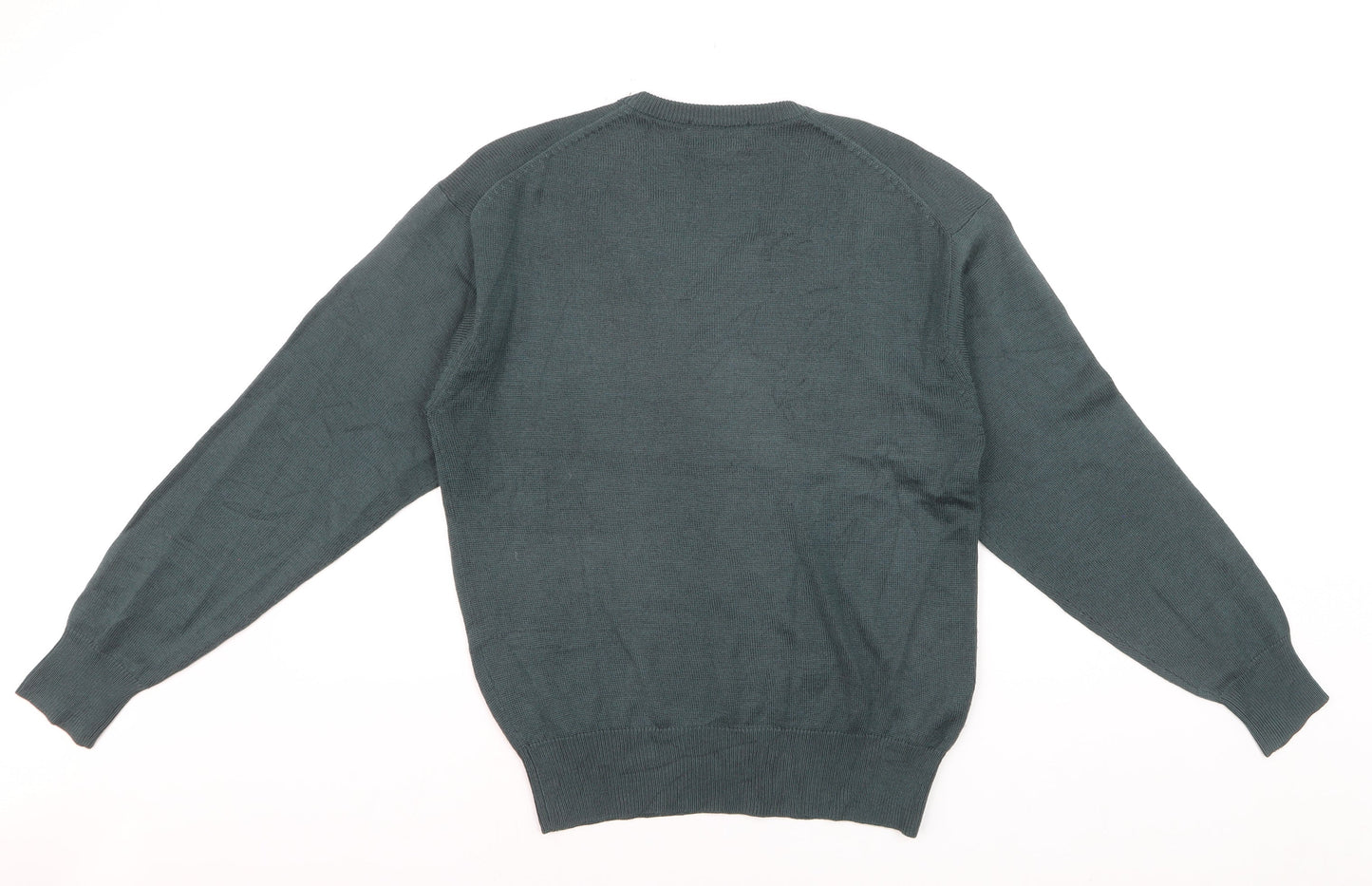 Crocodile Men Green Wool V-Neck Jumper M Tight-Knit Classic