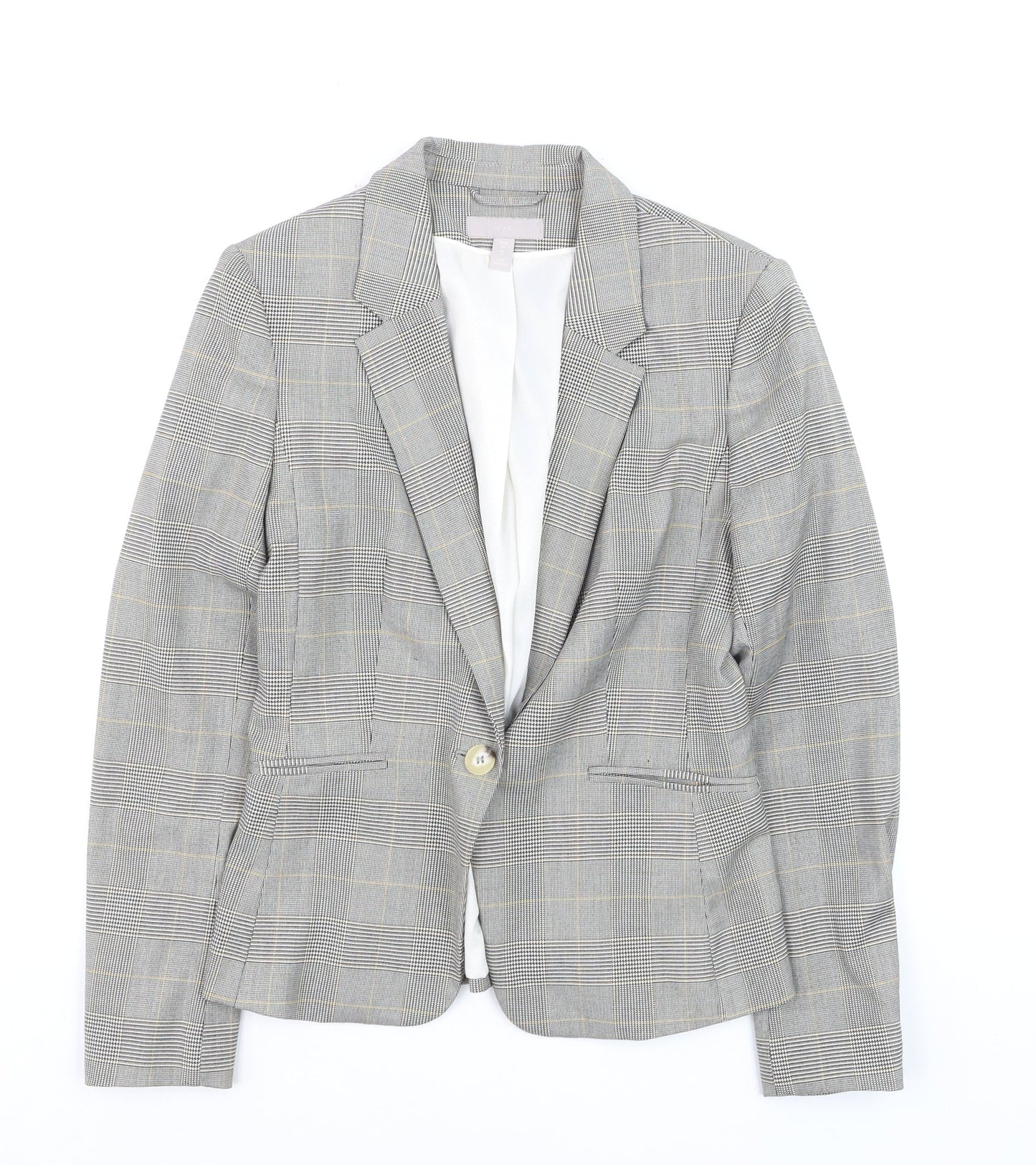 H&M Women Grey Check Blazer UK 8 Tailored Single-Breasted Jacket