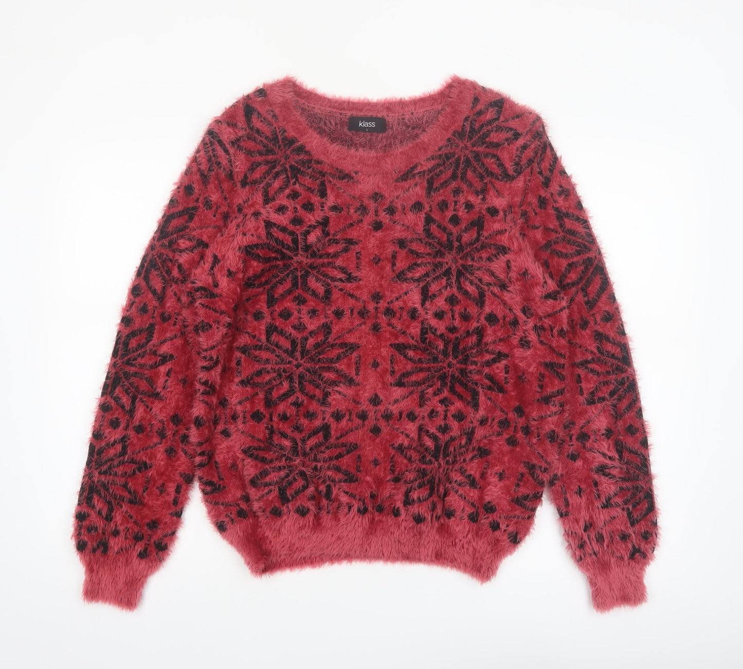 Klass Womens Red Black Fair Isle Fuzzy Pullover Jumper Size L