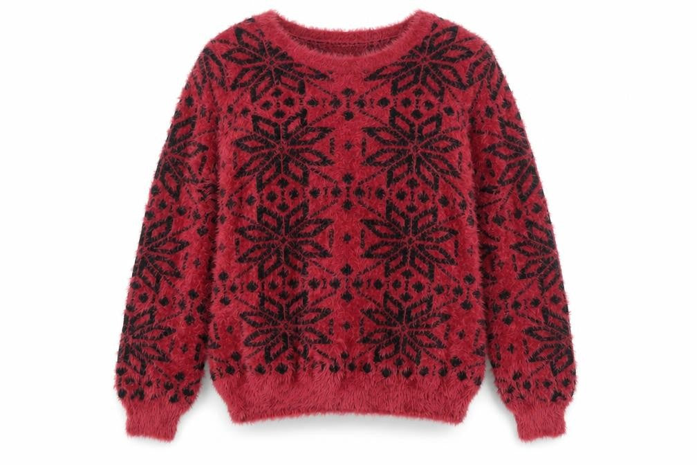 Klass Womens Red Black Fair Isle Fuzzy Pullover Jumper Size L