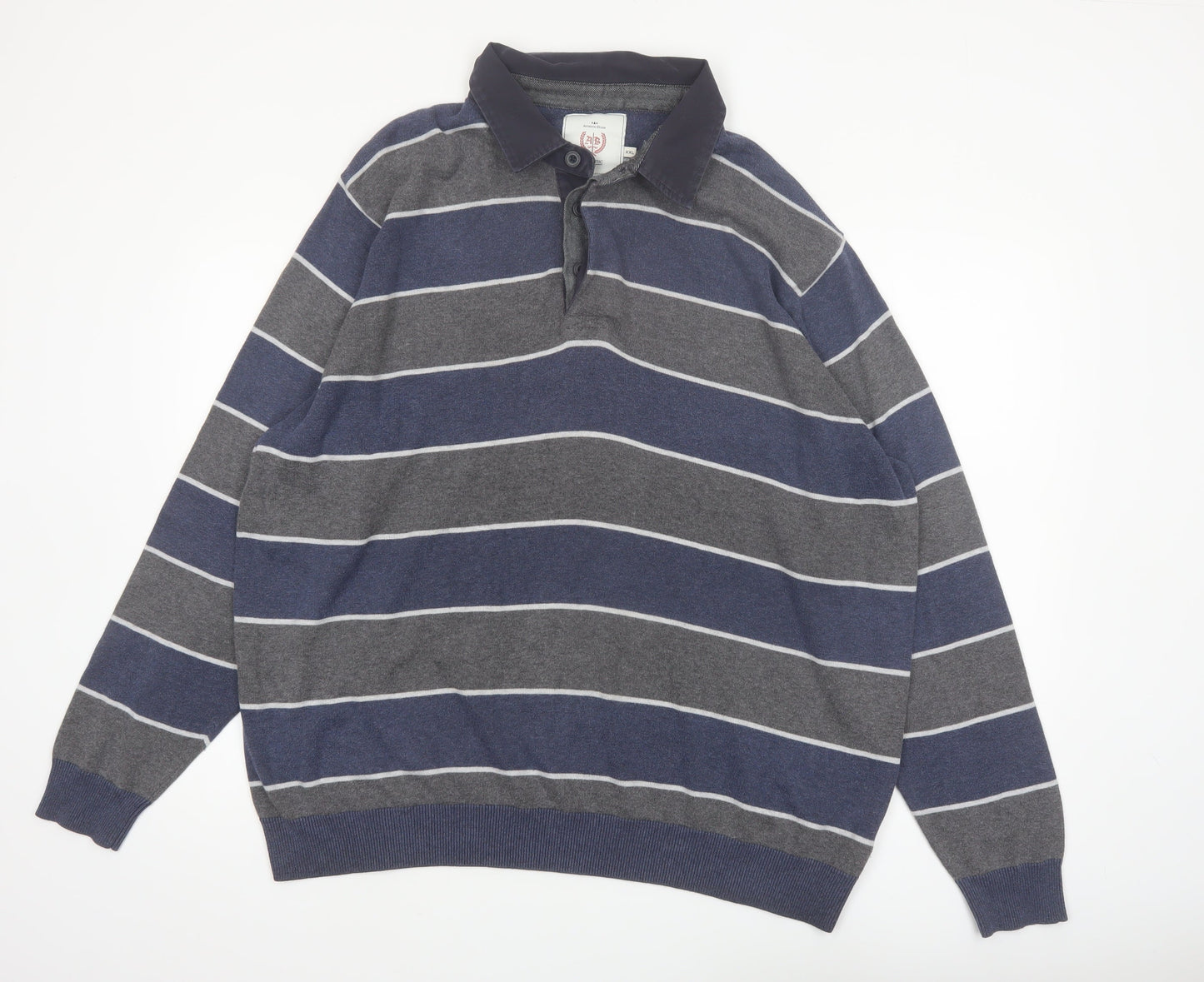Atlantic Bay Men's Blue Striped Collared Henley Jumper 2XL