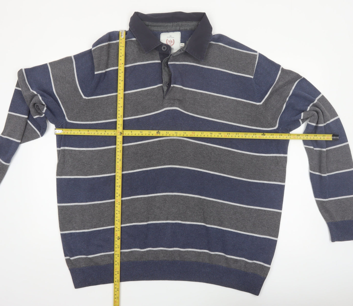 Atlantic Bay Men's Blue Striped Collared Henley Jumper 2XL